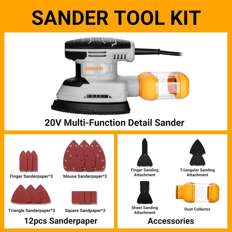 DEKOPRO Detail Sander: Multi-Function Mouse Sander Electric Sander Tool Corded Palm Sanders with Dust Collector, 3 Additional Attachments &12pc Sandpapers for Sanding,Polishing,Removing Paint in Home - Image 3